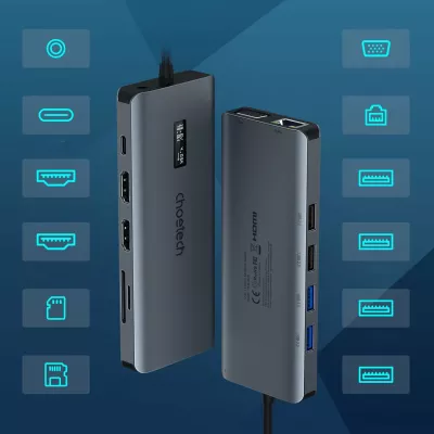 HUB multifunksional Choetech HUB-M26, 12-në-1, USB-C, HDMI, VGA, RJ45, Gri