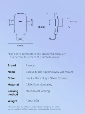 Mbajtës telefoni për veturë Baseus Metal Age II SUJS000001, gravitacional, metal, i zi