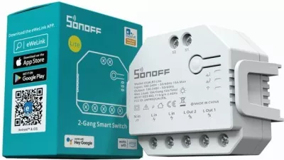 Switch smart Wi‑Fi SONOFF DUALR3 Lite 2-kanal 10A, kontroll motor/perde, i bardhë
