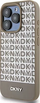 Mbështjellës DKNY Leather Printed Pattern Metal Logo MagSafe për iPhone 15 Pro, Kafe