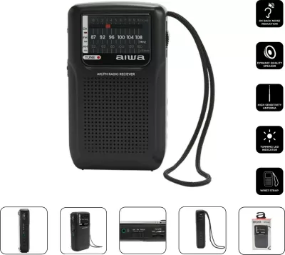 Radio portative AM/FM Aiwa RS-33, tunim analog ETS, altoparlant i integrum, dalje 3.5mm, me 2x AA, e zezë, set me kufje dhe këllëf