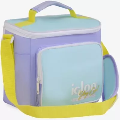 çantë termike IGLOO Soft Retro Square Lunch, kapacitet 9 kanaçe, 22.23×15.24×21.59 cm, pastel vjollcë/bojëqielli me rrip të verdhë