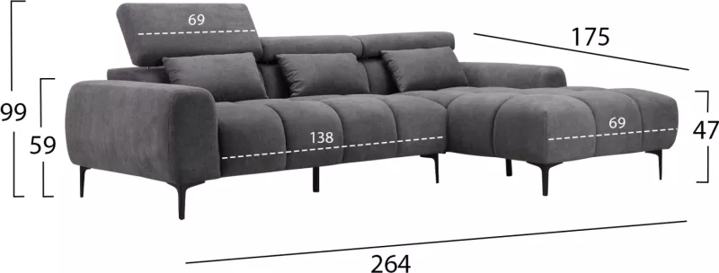 Kënd divan i djathtë DIVYA FH3267.02R prej lëkure sintetike gri 266x104x97Hcm
