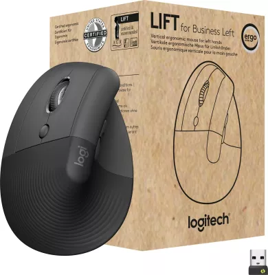 Maus Logitech Lift Vertical Ergonomic për Biznes, Majtas, Dizajn Vertikal, RF Wireless + Bluetooth, 4000 DPI, Grafit