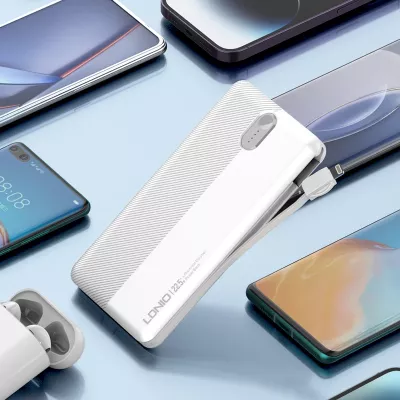 Power bank LDNIO PQ13 10000mAh 22.5W me kabllo të integruara USB-C + Lightning (1C1L) dhe 1x USB-A, e bardhë