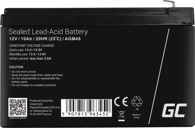Bateri UPS Green Cell AGM48, 12 V, 10 Ah, e zezë