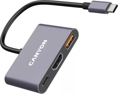 Hub USB-C CANYON DS-4 3n1 me HDMI, USB 3.2 Gen 2 dhe Power Delivery 100W, gri