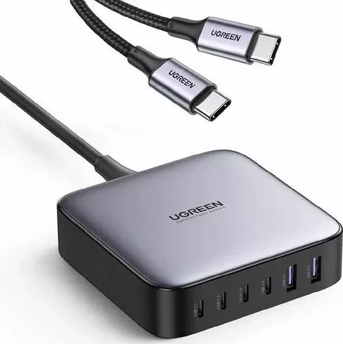 Karikues i shpejtë GaN II UGREEN 40914, 200W, 4x USB-C + 2x USB-A, PD/QC/PPS, e zezë/gri, set me kabllo rryme 2m + USB-C në USB-C 1m