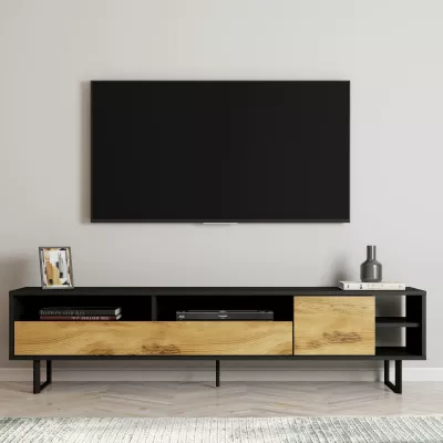 Komodinë TV Skye Decor, ngjyrë e zezë dhe lis, Luga
