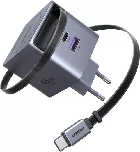 Karikues USB-C GaN UGREEN 65822 45W, 3-portësh, me kabllo tërheqëse 0.7 m, gri