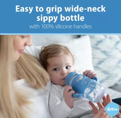 Shishe Dr. Brown’s Milestones, 270ml (9oz) – Grykë e Gjerë, Doreza Silikoni, 6m+, Blu