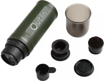 Aparat kafeje portativ espresso, OUTIN Nano A000011, 7500 mAh, 20 bar, 80 ml, kompatibil me kapsula Nespresso dhe kafe të bluar, i gjelbër, set me kuti mbrojtëse