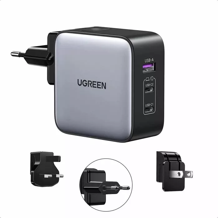 Karikues udhëtimi UGREEN Nexode 65W (MPN 90409), GaN II, PD 3.0, 2x USB-C + 1x USB-A, set adaptera EU/US/UK, zi/gri
