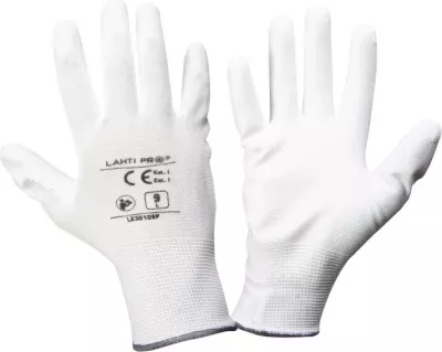 Doreza mbrojtëse LAHTI PRO L230109W, size 9, të veshura me poliuretan, të bardha, 12 palë