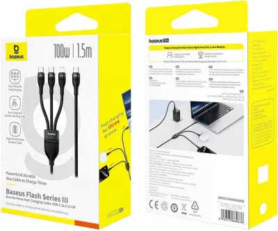Kabllo USB-C Baseus Flash Series 3 3-në-1 100W 1.5 m (2x USB-C + Lightning), e zezë