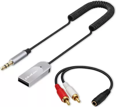 Adapter audio Bluetooth marrës, Qoltec, 56983, Bluetooth 6.0, 2x RCA, AUX 3.5 mm, USB, me mikrofon, zi/argjendtë