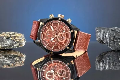 Orë dore Giewont GW8810-A3 Chronograph kuarc qelq safiri 45 mm rrip lëkure, kafe/zezë