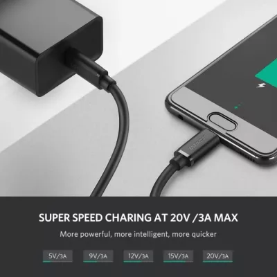Kabl USB-C UGREEN 50997, USB 2.0, 1m, PD 60W, 3A, USB-C në USB-C, e zezë, polybag