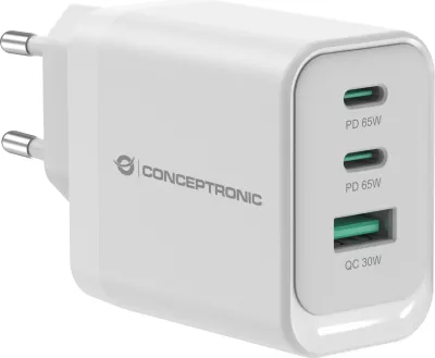 Karikues Conceptronic 3Port GaN, 2xUSB-C/1xA, 65W, i bardhë