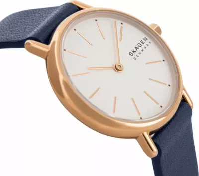 Orë dore për femra Skagen, rozë gold me rrip blu