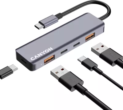 USB-C hub CANYON DS-18 5n1 USB 3.2 Gen 2, 2x USB-A + 2x USB-C, kabllo 15 cm, hiri