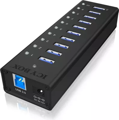 USB hub ICY BOX IB-AC6110, 10 porta, USB 3.2 Gen 1, alumini, e zezë