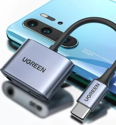 Adapter AV Ugreen CM231 USB-C në 3.5mm + USB-C, PD/QC 30W, gri