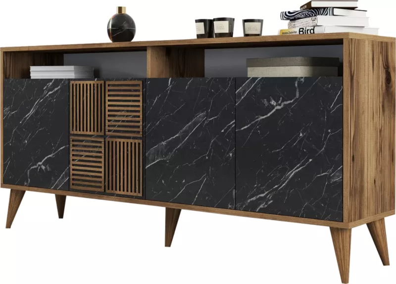 Bufe melamine FH9506.02, ngjyrë arre me dyer pamje mermeri të zi, 160x35x78H cm