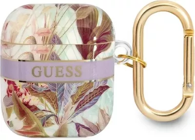 Mbështjellës Guess për AirPods 1/2, Flower Strap Collection, vjollcë