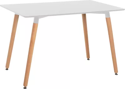 Tavolinë minimaliste për kuzhinë, MDF e bardhë, këmbë druri ahu natyral, 120x60x74cm
