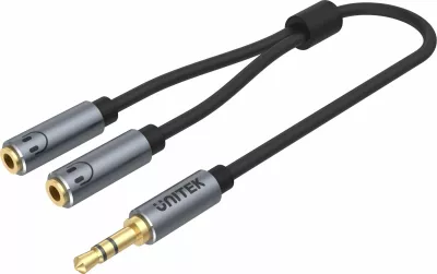 Adapter kabllo audio Unitek Y-C956ABK Jack 3.5mm mashkull në 2x Jack 3.5mm femër, 0.2 m, e zezë