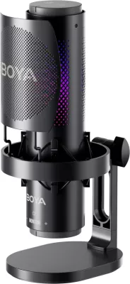 Mikrofon BOYA K9 me kabllo USB-C, 48 kHz 24-bit, RGB, me stendë tavoline dhe pop filter, i zi