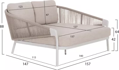Daybed dopio XANTION, alumin i bardhë, litar, stof OLEFIN, 157x147x88cm