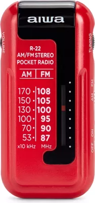 Radio xhepi AM/FM, Aiwa R-22, HyperBASS, tunim analog ETS, me kufje in-ear, e kuqe, set me bateri AAA