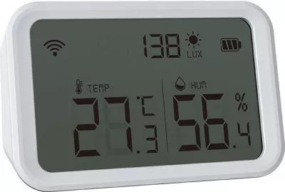 Sensor temperature e lagështie Neo NAS-TH02W me ekran, Wi-Fi, i bardhë