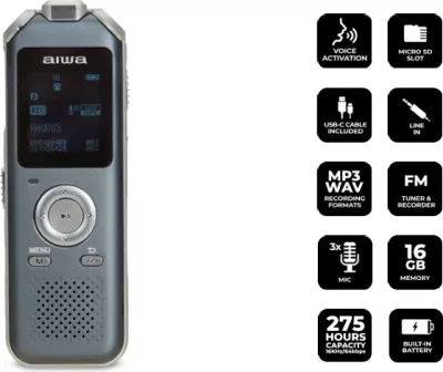 Diktafon digjital Aiwa DVR-M700 16GB, microSD deri 128GB, MP3/WAV, gri