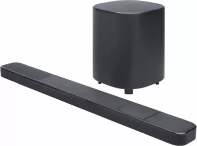Soundbar JBL Bar 1000 MK2 7.1.4 Dolby Atmos/DTS:X 10\" subwoofer wireless 880W RMS, e zezë, set me subwoofer dhe altoparlantë të pasëm