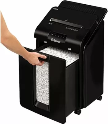 Shkatërrues dokumentesh Fellowes AutoMax 100M, mini-cut 4×10 mm (DIN P-4), 100 fletë auto / 10 fletë manual, kosh 23 L, i zi