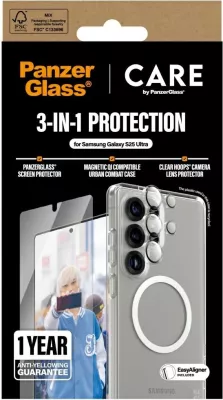 Mbështjellës PanzerGlass CARE 3in1 për Samsung Galaxy S25 Ultra, me xham mbrojtës dhe mbrojtës lente, Transparent