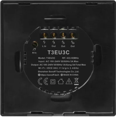 Ndërprerës muri smart Wi‑Fi SONOFF T3EU3C-TX, 3 kanale, touch, EU, xham i temperuar, i zi