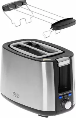 toster buke ADLER AD3214, 2 fetë, 7 nivele pjekjeje, 650-750W (max 900W), ngrohës për simite, argjendtë/zi