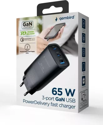 Karikues  GEMBIRD TA-UC-PDQC65-01-BK, 3-porte, 65W GaN USB, i zi