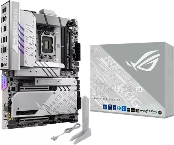 Pllakë amë ASUS ROG Maximus Z890 Apex, LGA1851, ATX, DDR5 (2xDIMM), 6xM.2, 4xSATA, PCIe 5.0, 5GbE, Wi‑Fi 7, Bluetooth 5.4, 2x Thunderbolt 4 (USB‑C), e bardhë/argjend