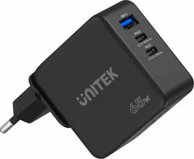 Karikues rrjeti Unitek P1117B GaN PD 65W 1x USB-A + 2x USB-C, 3.25A, i zi, set me adaptera EU/UK