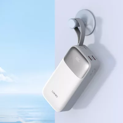 Power bank LDNIO PQ30 30000mAh 22.5W me kabllo të integrume USB-C/Lightning, 2 porta USB, e bardhë