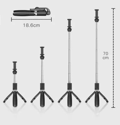 Selfie stick me tripod Tech-Protect L01S, Bluetooth, për smartphone, 70cm, Zi
