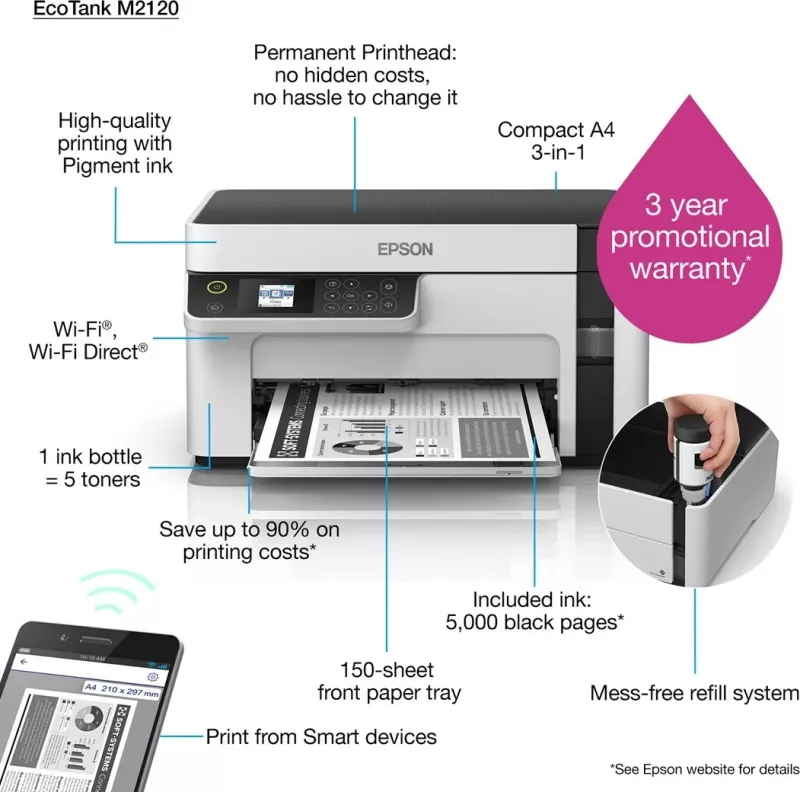 Printer Epson EcoTank M2120, Inkjet, Wi-Fi, Bardhë