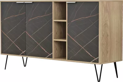 Bufe CABRON FH8874.12 melaminë në ngjyrë Sonama-mermer i zi dhe këmbë metalike të zeza 142x40x83H cm