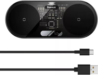 Karikues wireless Baseus WXSX010101, Dual Qi, 20W, me ekran LED, i zi