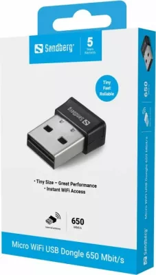 Kartelë rrjeti USB WiFi SANDBERG 133-91 Micro 650 Mbit/s Dual-Band USB 2.0, e zezë/argjendtë, 1 copë